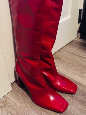 Zara Bright Red Knee-High Leather Boots with Block Heel